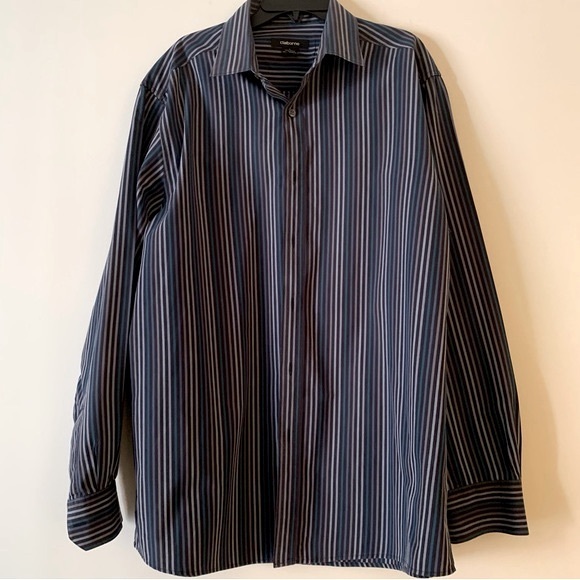 CLAIBORNE. Silver/Black/Blue button down striped shirt. 100% Cotton. - Picture 2 of 7